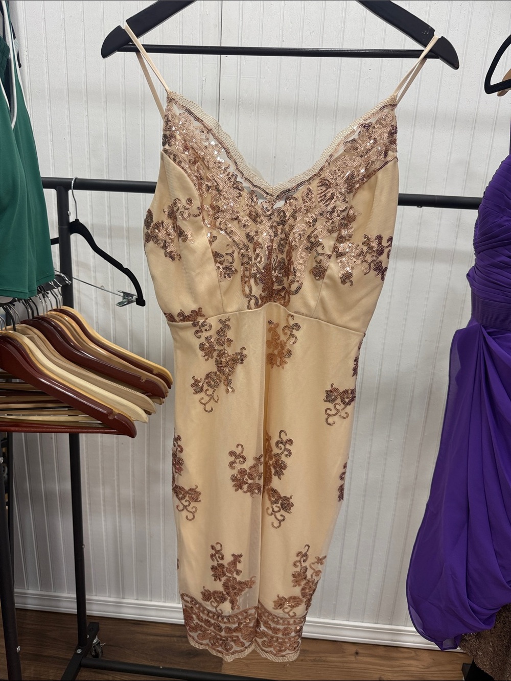 Sequin-Embellished Cream Midi Dress with V-Neck
